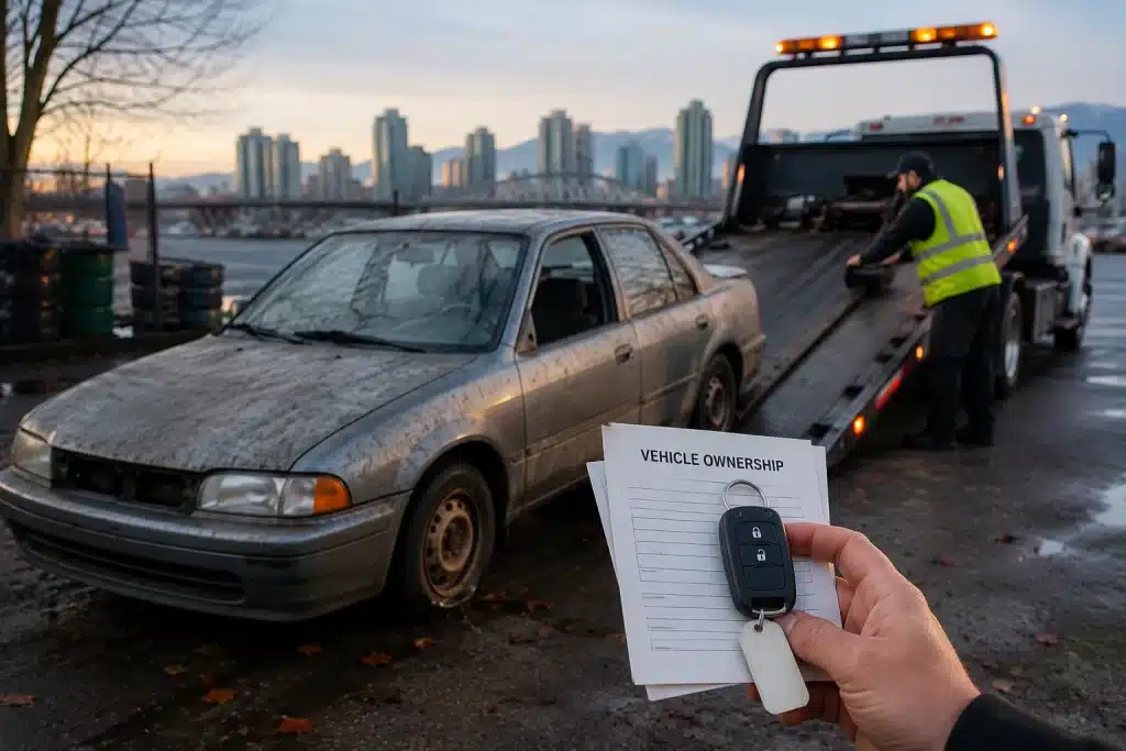 Car being towed at dusk-2
